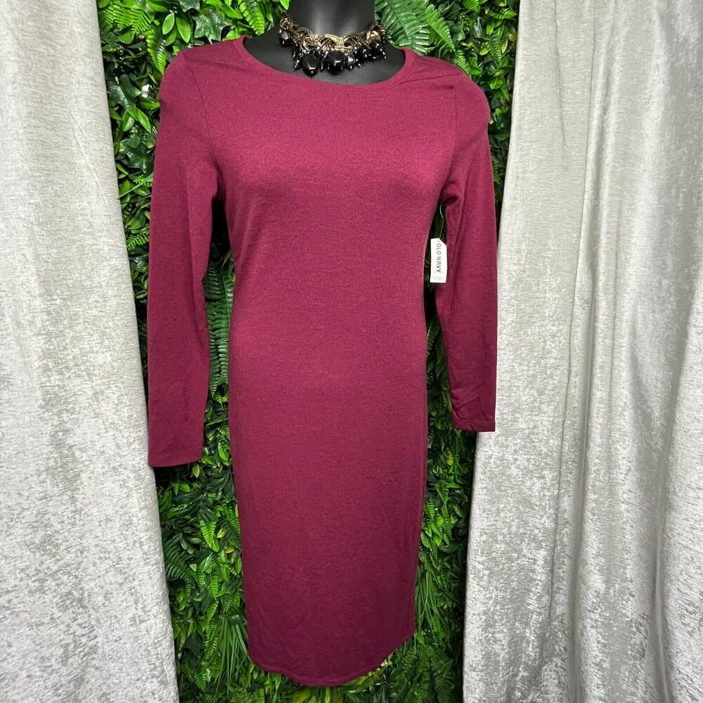 Old Navy Women Dress Medium Round‎ Neck Wine Red Midi Knit 1467